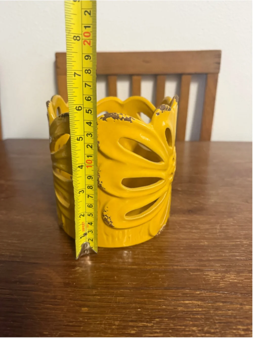 Yellow Ceramic Floral Cutout Candle Holder Luminary Distressed 6” Boho Decor